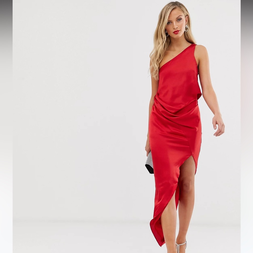 ASOS DESIGN | Satin one shoulder drape midi dress in red